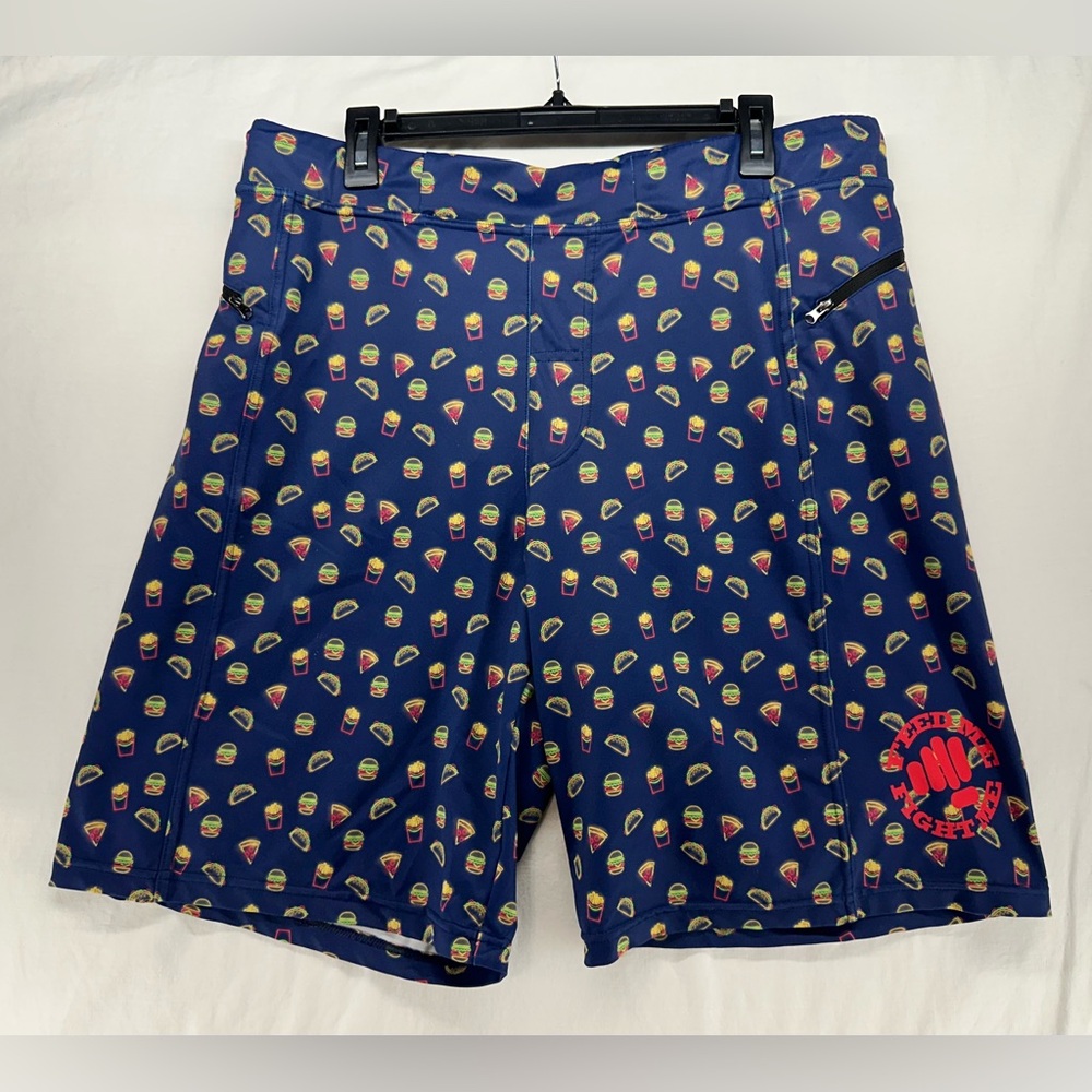 Feed Me‎ Fight Me Blue Hamburger Taco French Fry Print Athletic Shorts Size XL